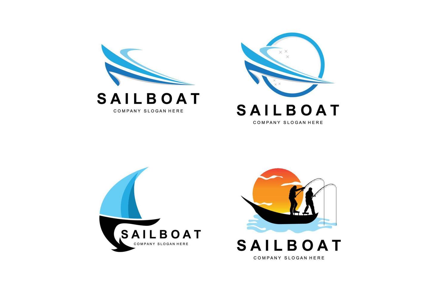 segelboot logo design, fischerboot illustration, fischerboot unternehmen marke vektorsymbol, bootsgeschäft design, fischgeschäft, transport vektor