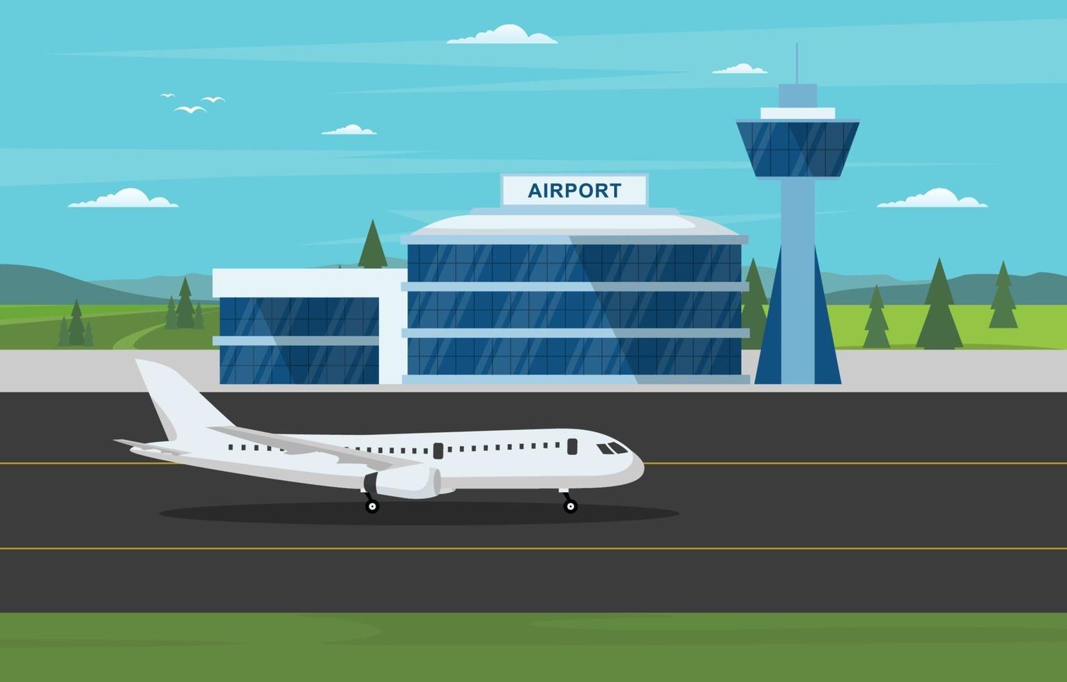 flygplan i landningsbanan flygplats terminal byggnad liggande skyline illustration vektor