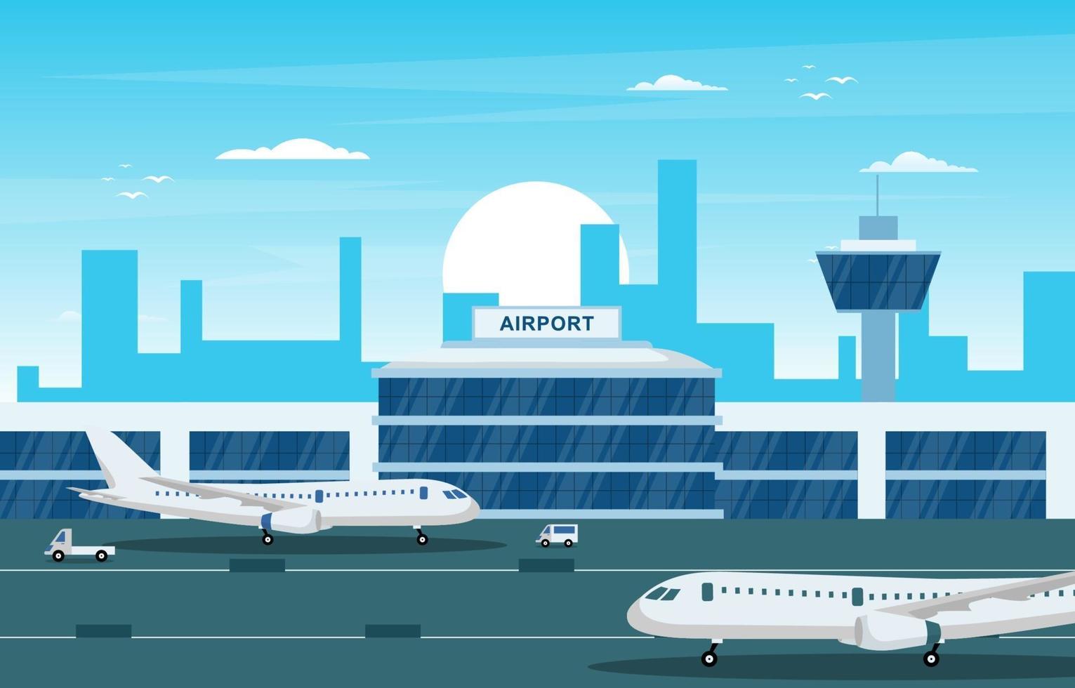 flygplan i landningsbanan flygplats terminal byggnad liggande skyline illustration vektor