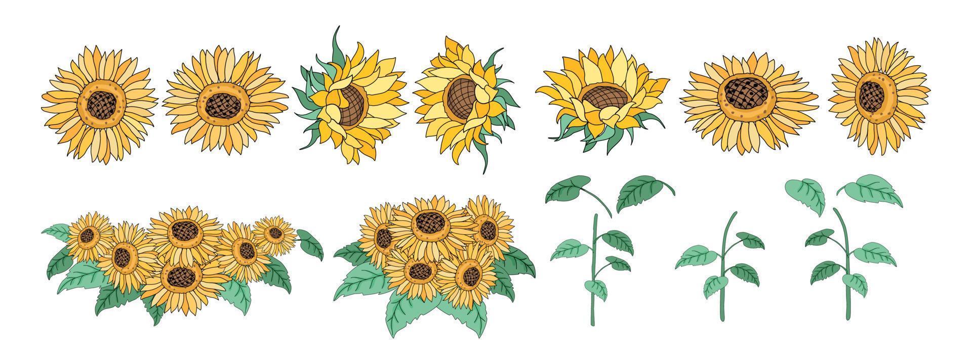 Sonnenblumen-Elementset im Doodle-Stil, für Dekorationen, Karten, Postkarten, Bekleidungsmuster, bedruckte Stoffe, Mode, Sammelalben, Kissendesigns, Taschen und mehr. vektor