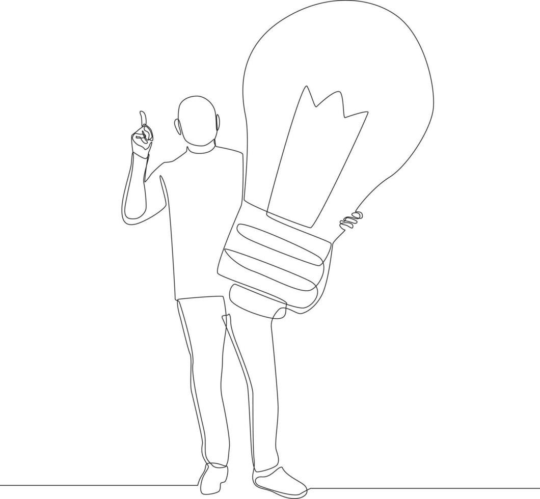 enda kontinuerlig linje teckning av ung studerande stående och innehav de elektrisk ljus Glödlampa isolerat på vit bakgrund. begrepp av upptäckt lysande idéer. ett linje dra design vektor illustration.