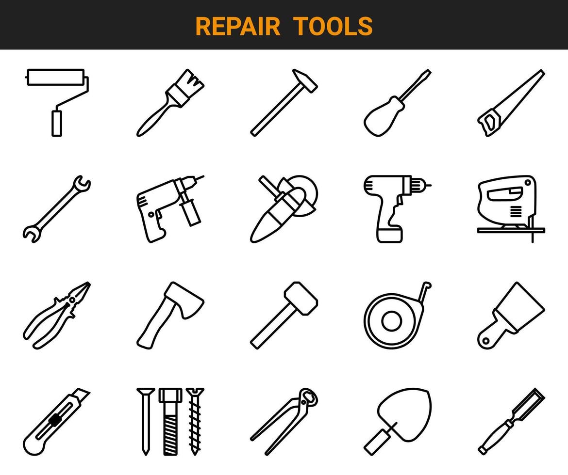 einstellen von 20 Vektor Gliederung Symbole auf das Thema von Konstruktion und Reparatur Werkzeug, eine solche wie Farbe Rolle, Bürste, Hammer, Schraubendreher, gesehen, bohren, usw.