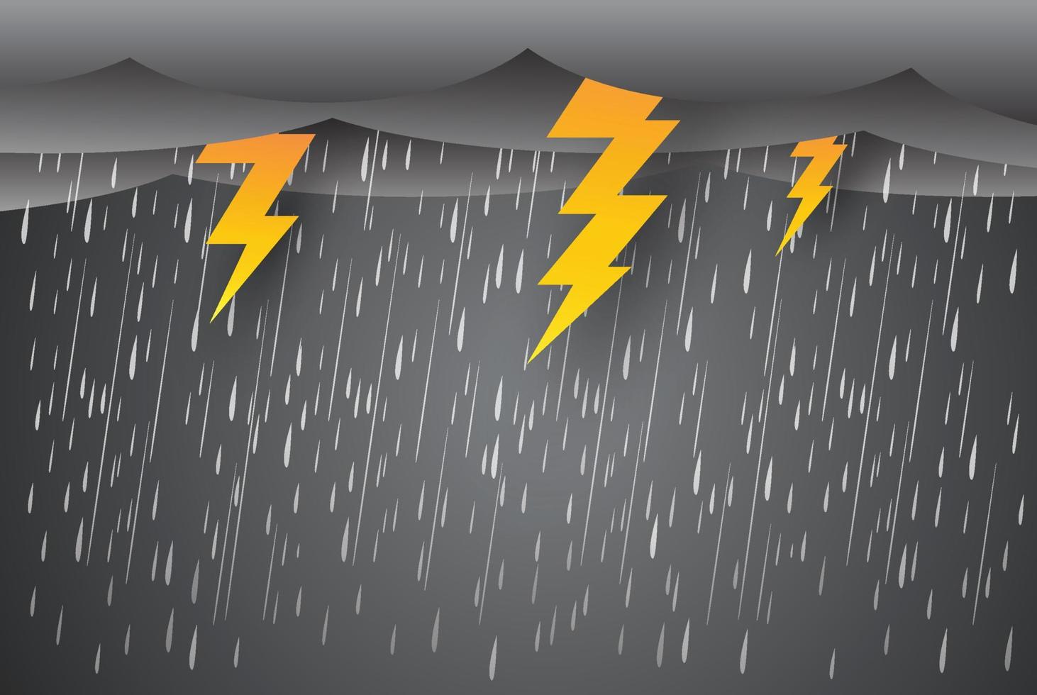 regn och storm med blixtnedslag, svart himmel väder, naturkatastrof, vektordesign. vektor