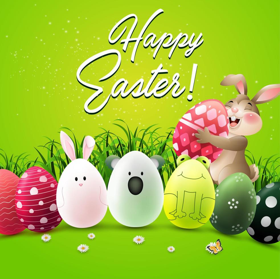 Lycklig påsk hälsning kort med en kanin och söt påsk ägg tecken vektor