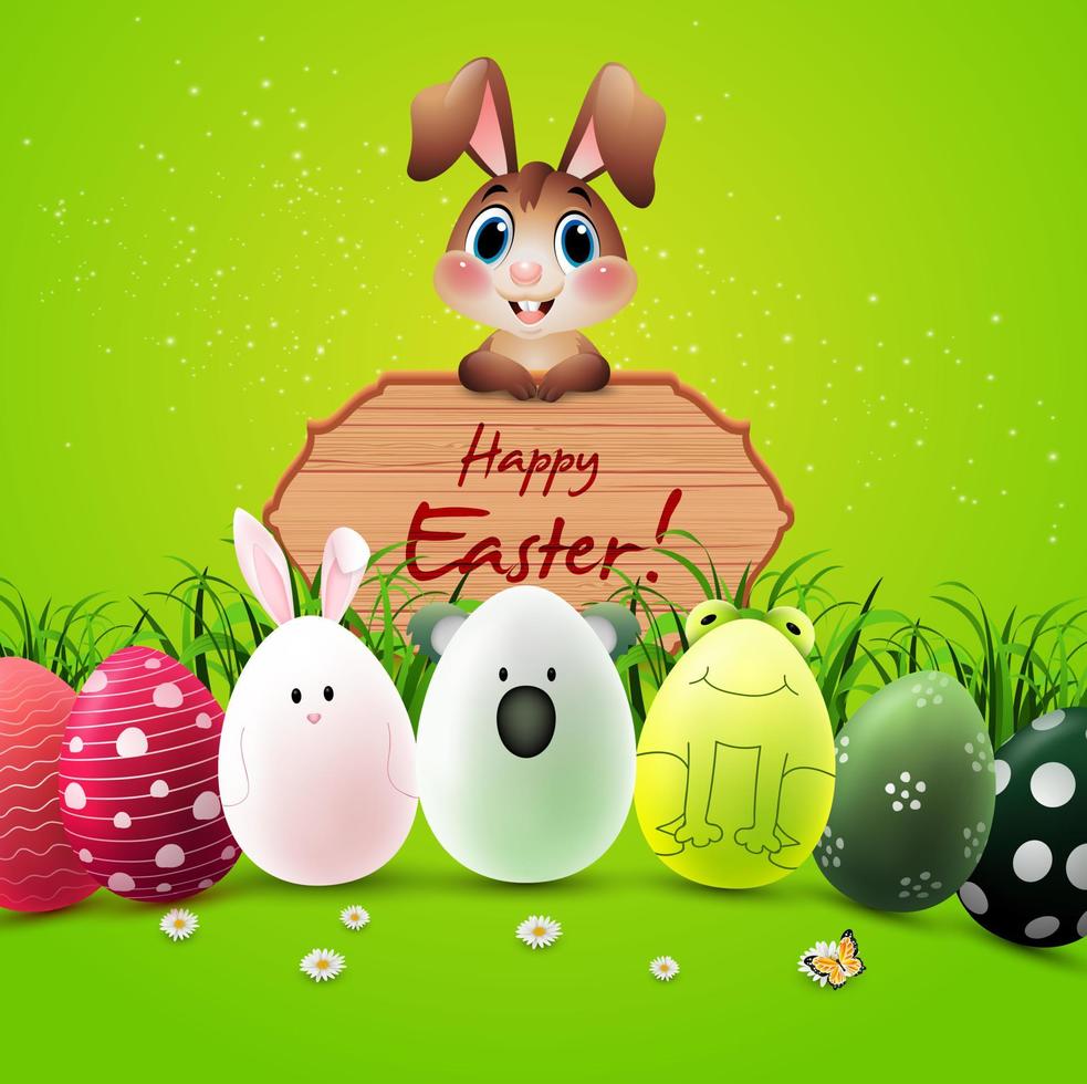 glücklich Ostern Hintergrund mit Hase und süß Ostern Eier Charakter vektor