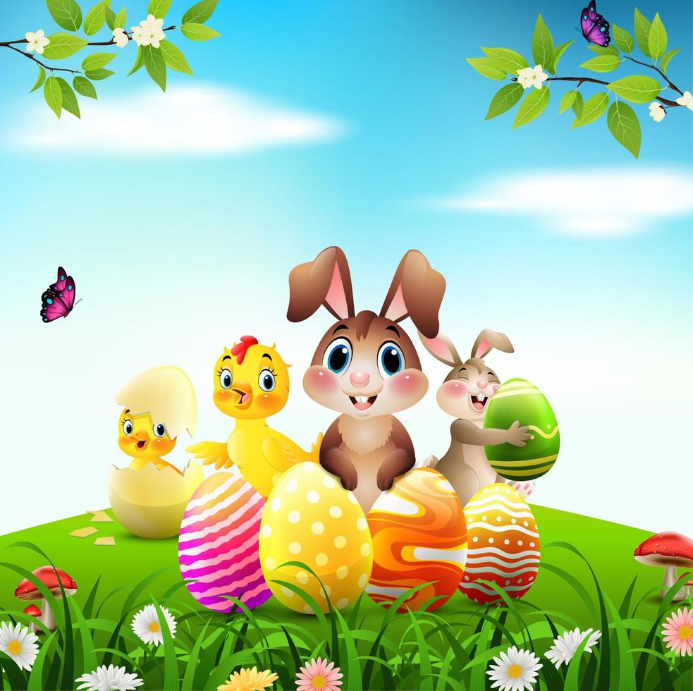 Ostern Hase mit Baby Küken und Entlein auf ein Wiese vektor