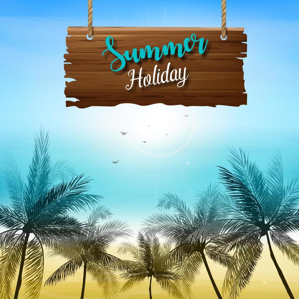 Sommer- Urlaub Hintergrund mit ein hölzern Zeichen und Palme Bäume vektor