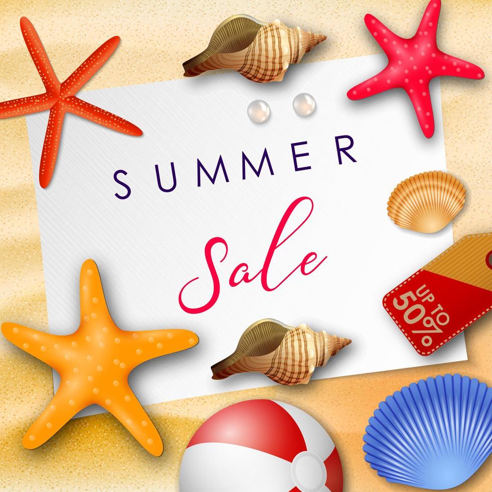 Sommer- Verkauf Hintergrund mit Weiß Papier zum Text, Muscheln, Strand Ball, Perlen, und Preis Etikett vektor
