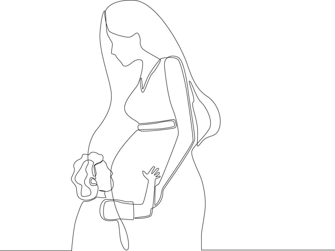 enda ett linje teckning Lycklig ung mor gravid. henne stor mage är kysste förbi henne dotter. kontinuerlig linje dra design grafisk vektor illustration.