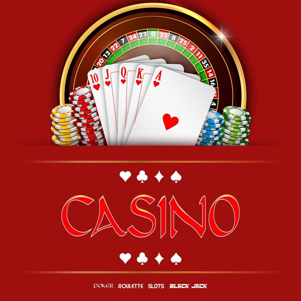 Kasino Banner mit Roulette Rad, Chips und spielen Karten vektor