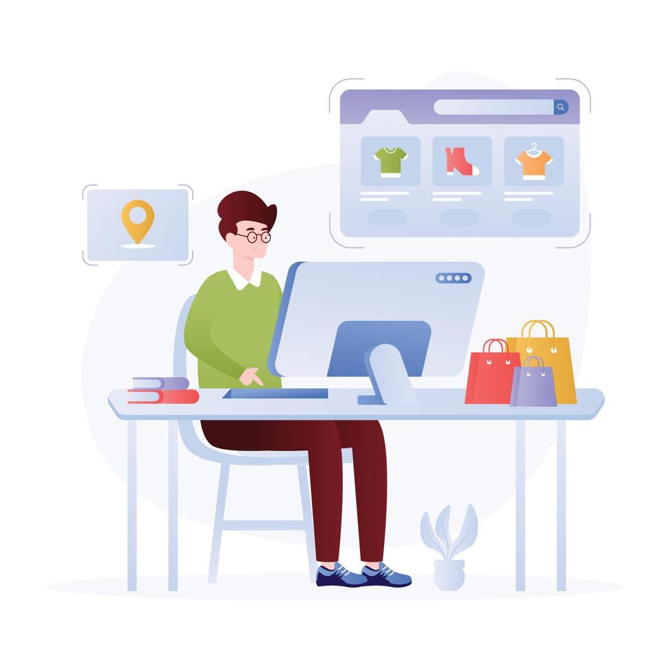 Person Einkauf online Produkte, eben Illustration von online Einkaufen vektor