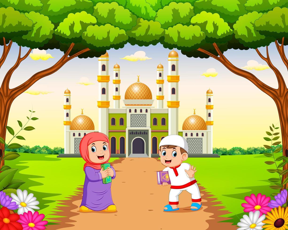 Die Kinder gehen und spielen in der Nähe der schönen Moschee vektor