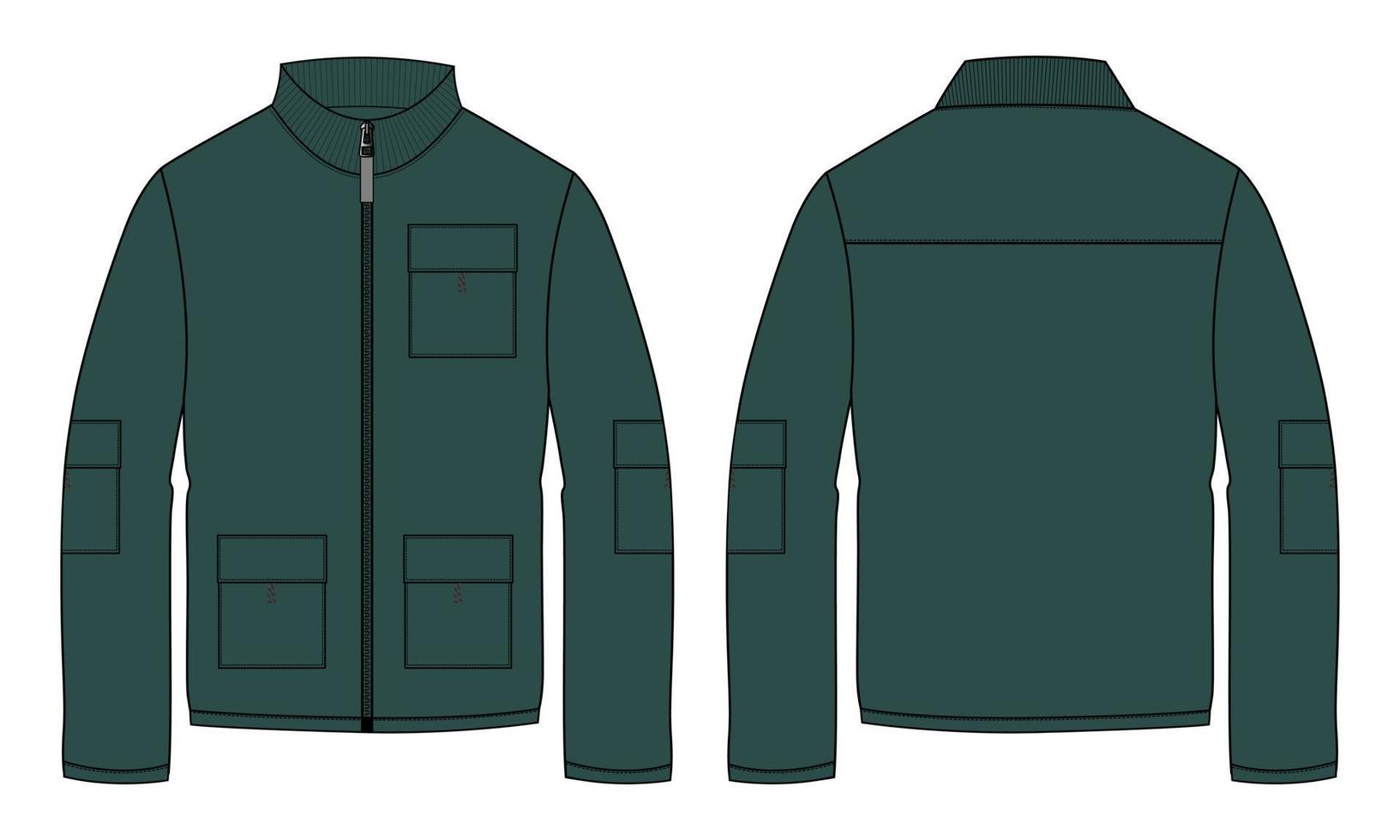 lange Ärmel Jacke mit Tasche und Reißverschluss technisch Mode eben skizzieren Vektor Illustration Grün Farbe Vorlage Vorderseite und