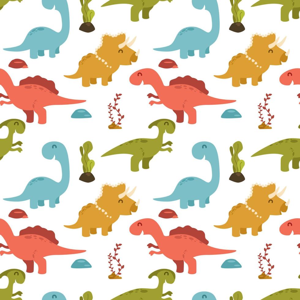 söt sömlös mönster med tecknad serie färgrik dinosaurier vektor