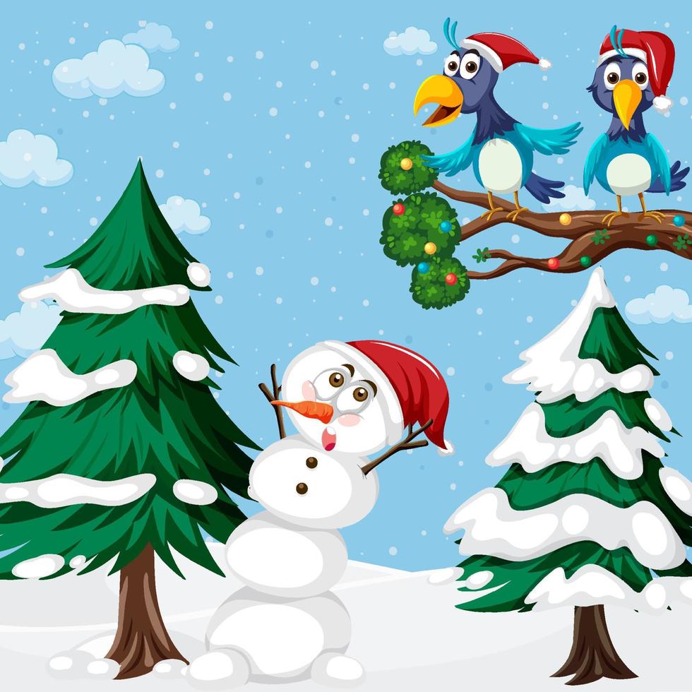 jul högtider med snögubbe och fåglar vektor