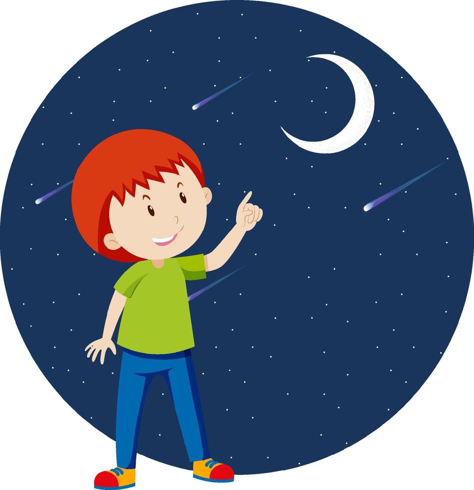 Ein Junge, der mit dem Finger auf den Mond zeigt vektor