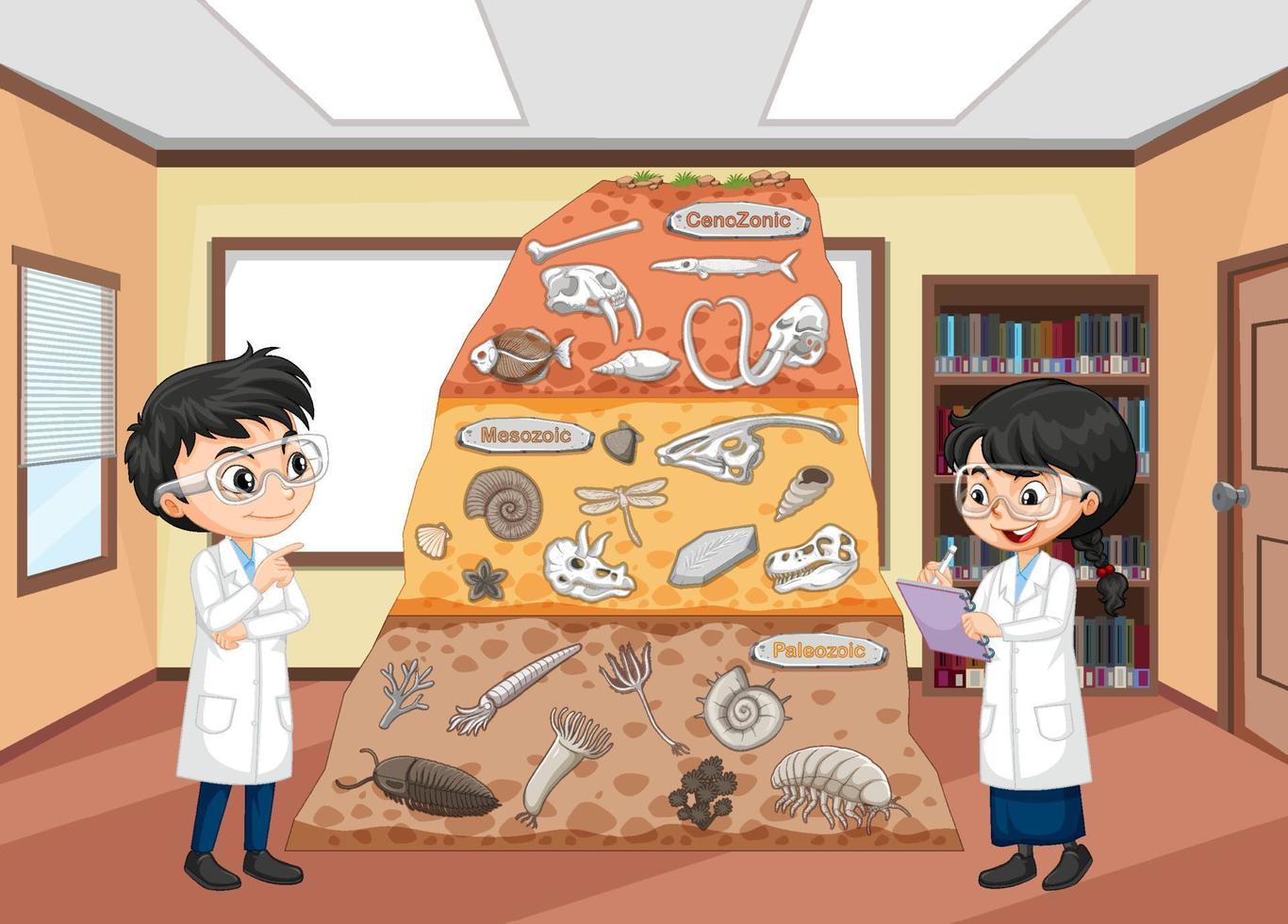 fossil i jordlager med barn seriefigur vektor
