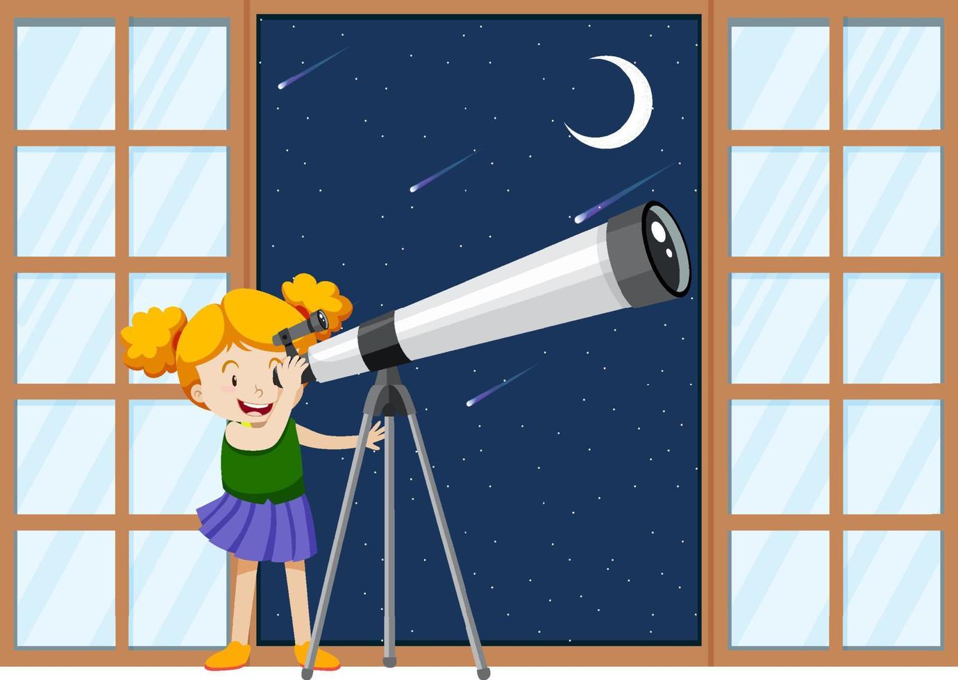 ein mädchen beobachtet den nachthimmel mit einem teleskop vektor