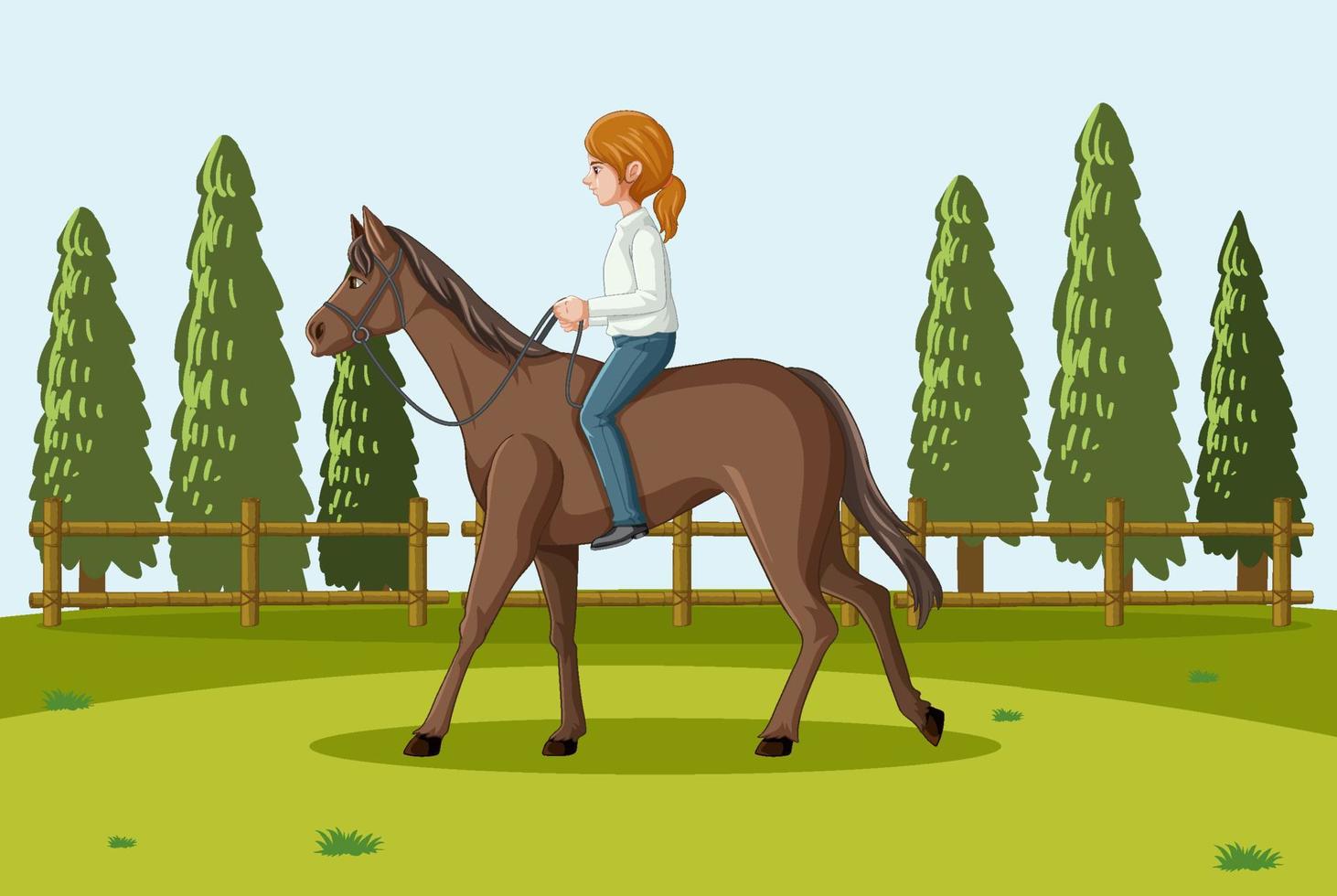 Outdoor-Hintergrund mit einer Frau, die auf einem Pferd reitet vektor