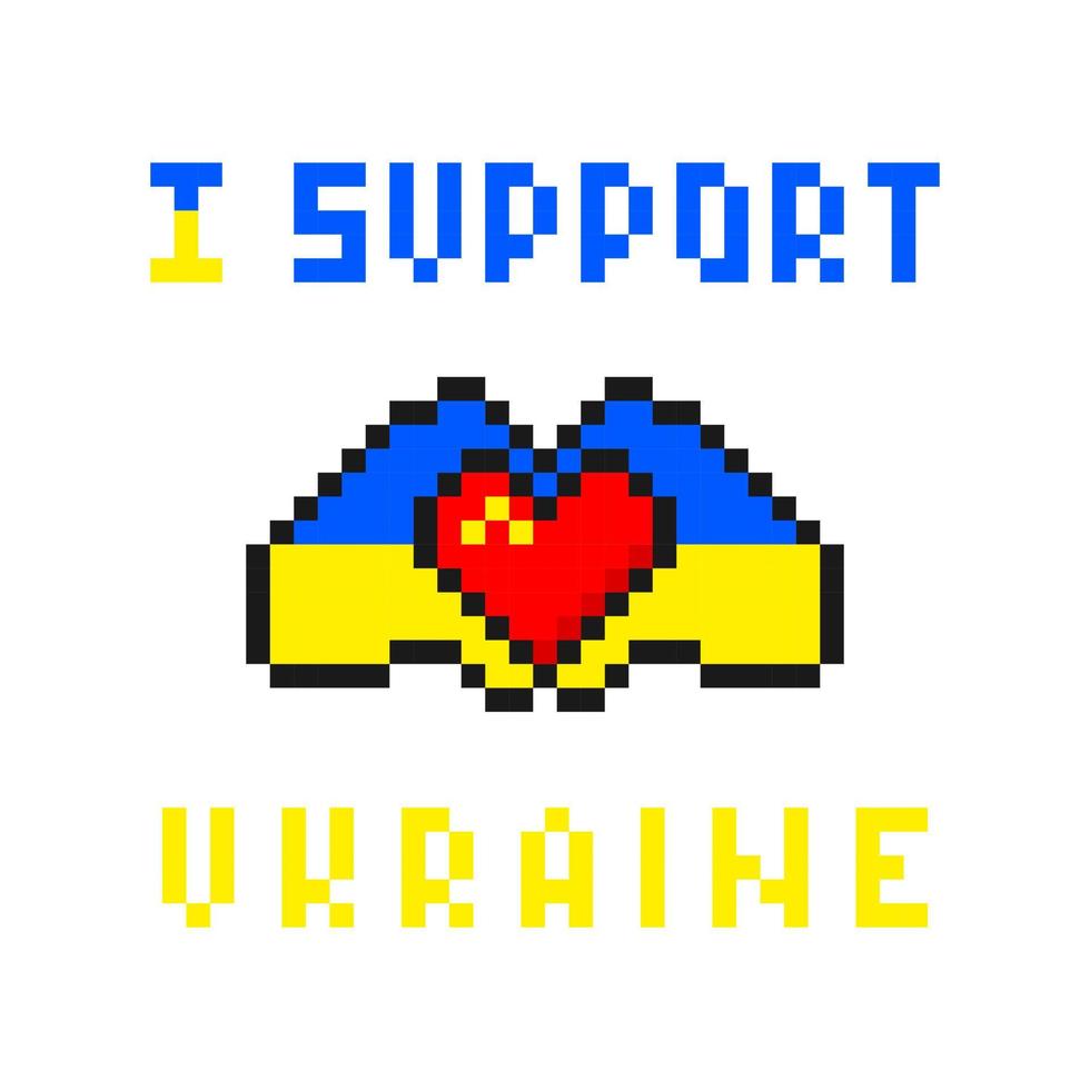 jag Stöd ukraina pixel konst. blå gul händer håll hjärta kallelse för hjälp och sympati för ukraina. hoppas för fred och Stöd av de hela vektor värld