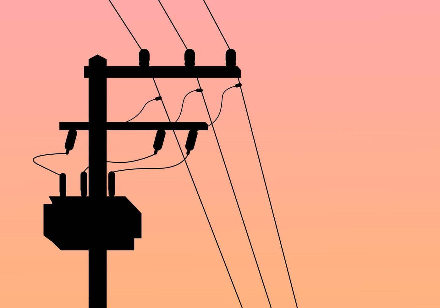 Silhouette hoch Stromspannung Leistung elektrisch Pole mit Transformator und fallen Sicherung mit Dämmerung Abend Orange Hintergrund eben Vektor Design.