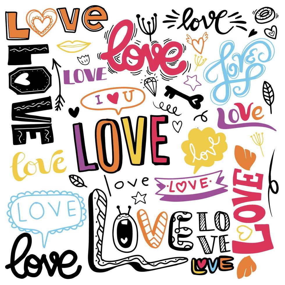 viele anders Wörter von Liebe, Hand gezeichnet Liebe Kritzeleien vektor