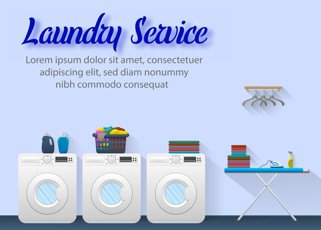 wäscheservice-design mit waschmaschine, bügelbrett und trocknungskleidung vektor