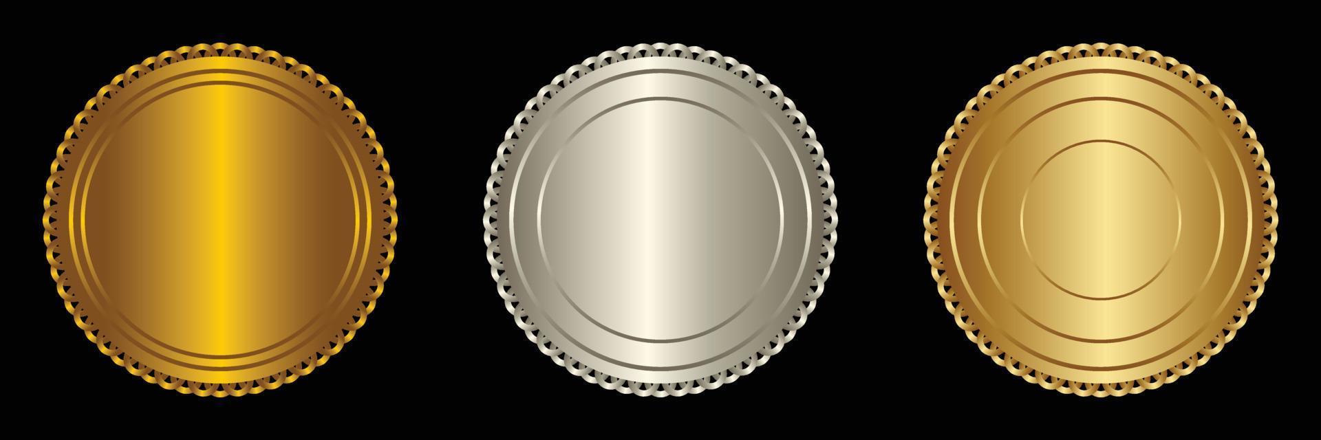 uppsättning vektor runda gyllene och silver- bricka isolerat, täta stämpel guld lyx elegant baner ikon, vektor illustration certifikat silver- folie täta eller medalj isolerat.