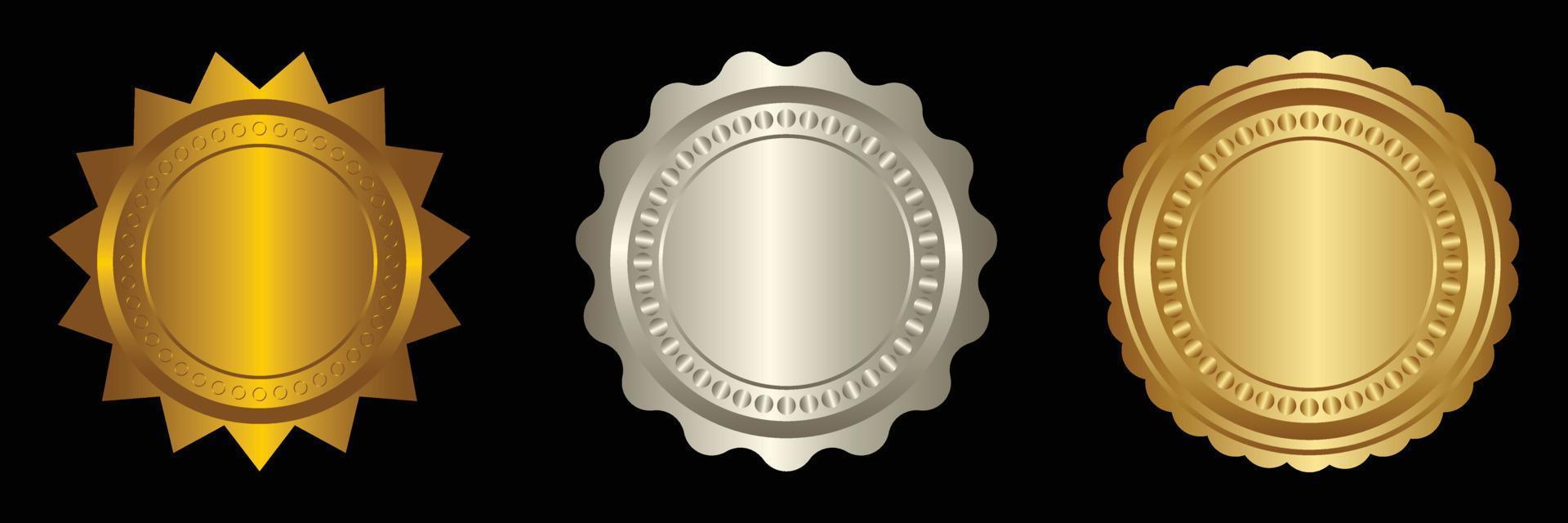 einstellen Vektor runden golden und Silber Abzeichen isoliert, Siegel Briefmarke Gold Luxus elegant Banner Symbol, Vektor Illustration Zertifikat Silber vereiteln Siegel oder Medaille isoliert.