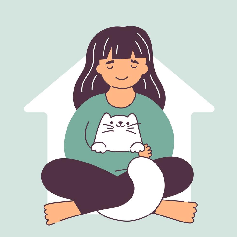 Zuhause Süss Zuhause Konzept eben Vektor Karikatur süß Illustration. glücklich Mädchen Umarmungen Katze Sitzung mit ihn. Liebe zu heim. Zuhause ist wo Ihre Katze ist