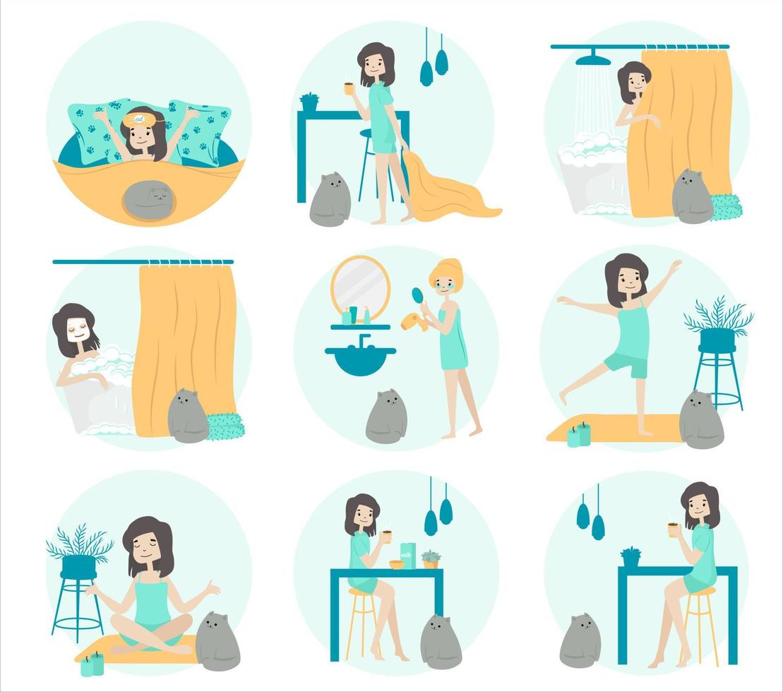 morgon- rutin- av en flicka uppsättning. sovande, tvättning, kropp vård, kondition, yoga, kaffe, frukost. dagligen rutin- aktiviteter. liv med cat.vector platt vektor