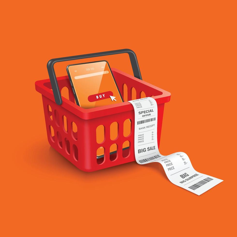 Smartphone mit Kauf Symbol auf Bildschirm Platz im rot Einkaufen Wagen mit entfaltet Kassenbon Papier vektor