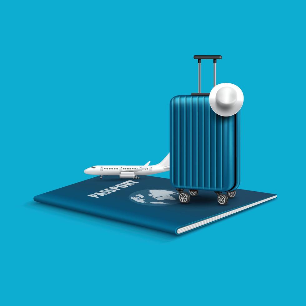 Gepäck und Flugzeuge platziert auf das Reisepass zum Herstellung Werbung Medien Über Tourismus und vektor