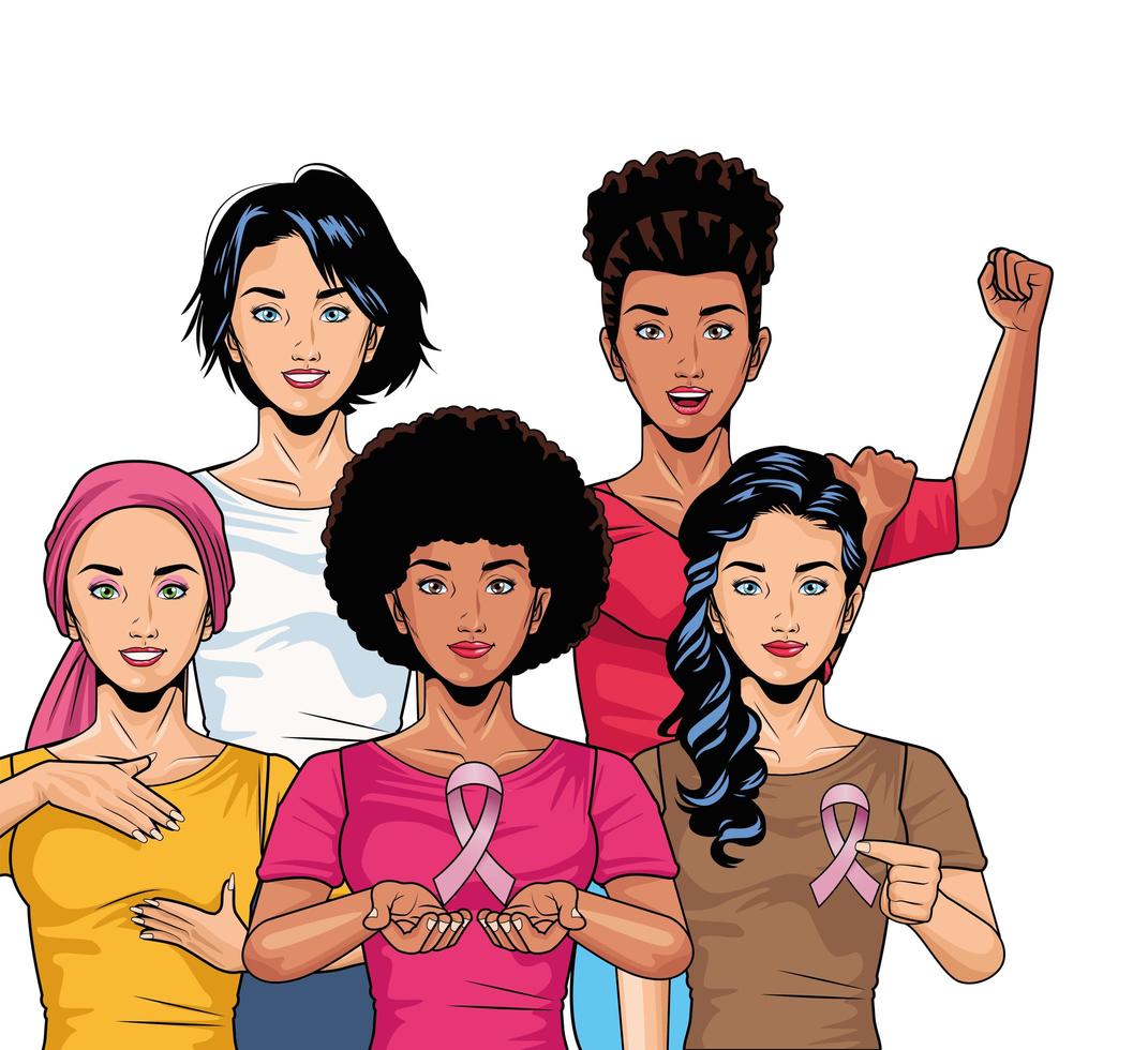 interracial grupp tjejer med rosa band för kampanj för bröstcancer, popkonststil vektor