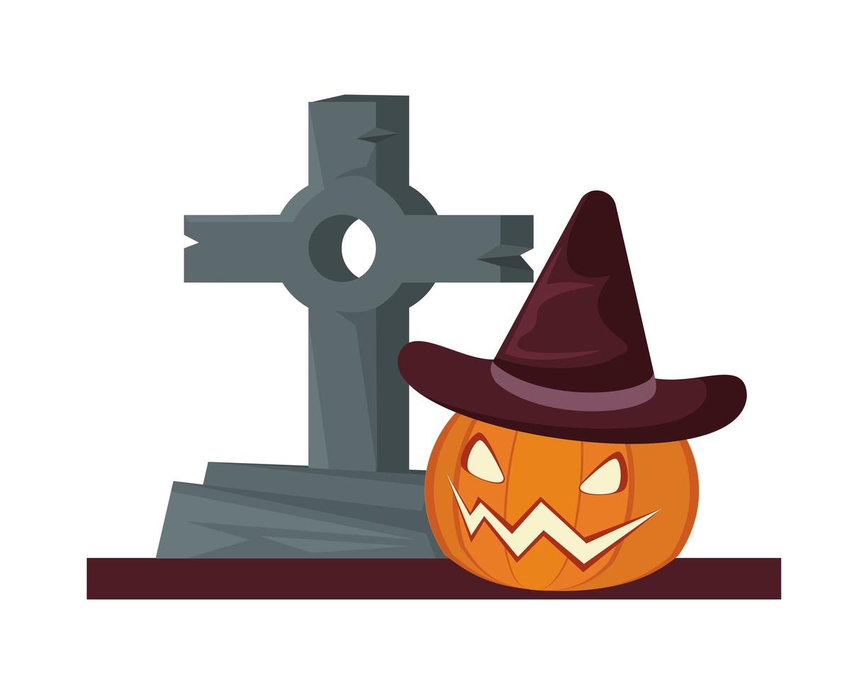 Halloween-Kürbis mit Hexenhut auf dem Friedhof vektor