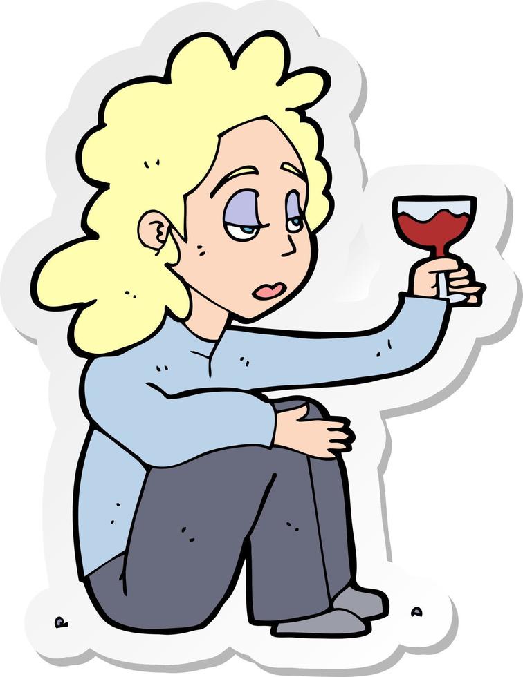 Aufkleber einer Cartoon-unglücklichen Frau mit einem Glas Wein vektor