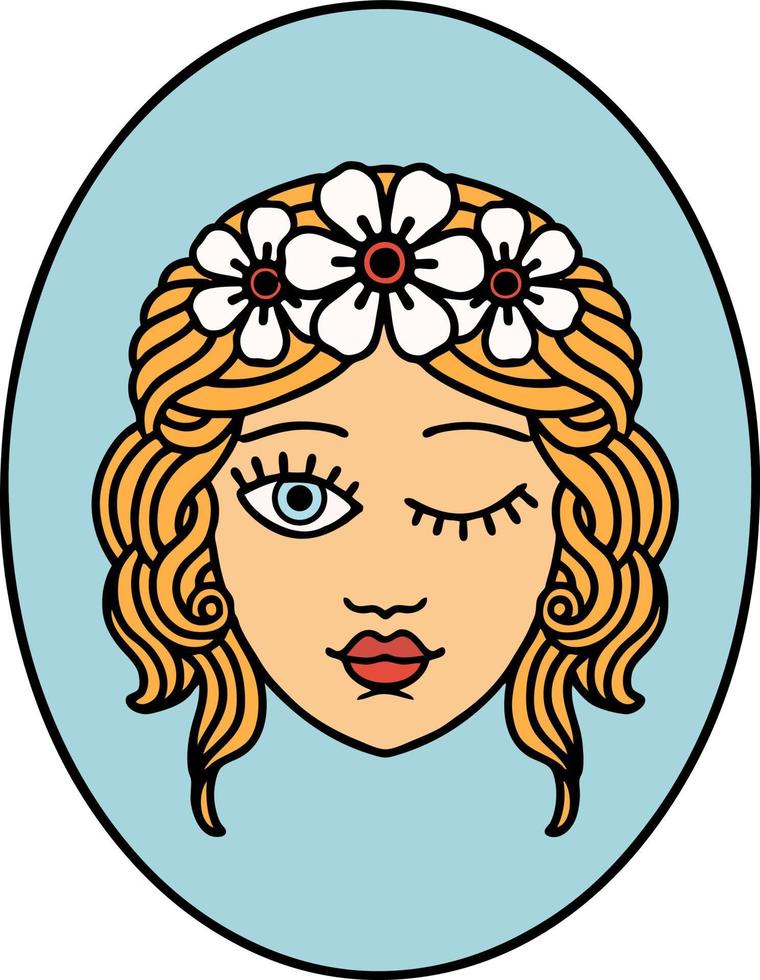 traditionell tatuering av en jungfru med krona av blommor blinka vektor