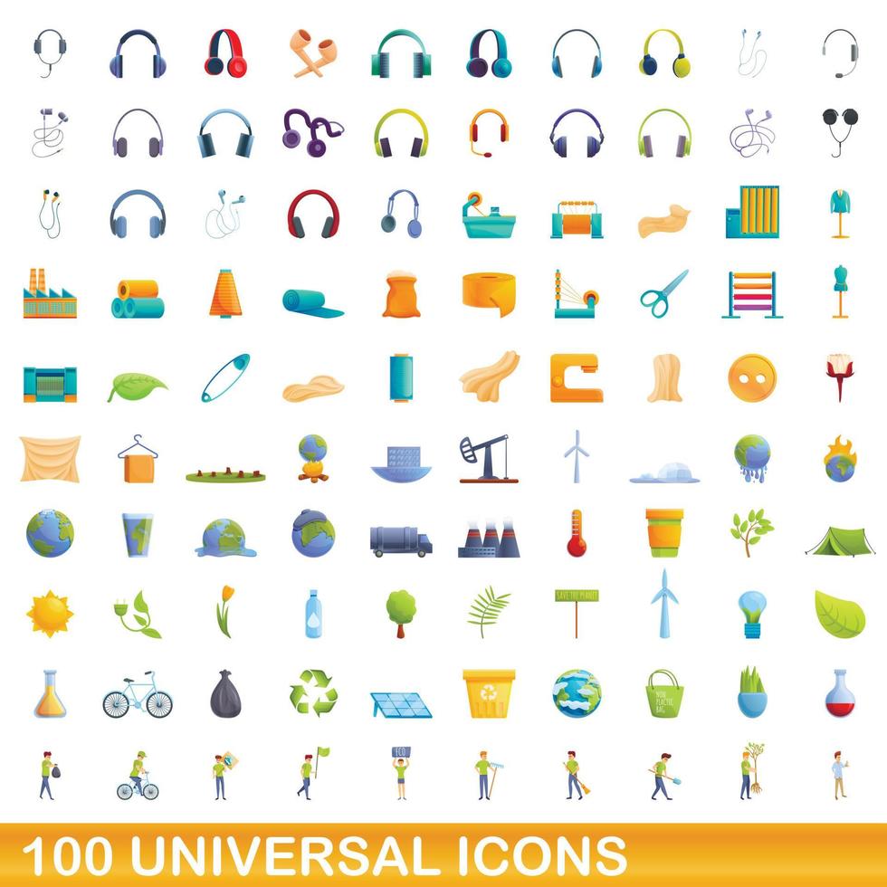 100 universella ikoner set, tecknad stil vektor