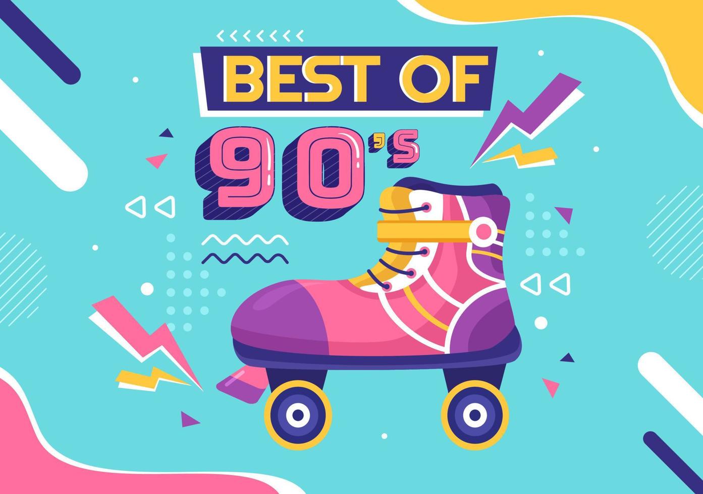 90er Jahre Retro-Party-Cartoon-Hintergrundillustration mit Musik der 90er Jahre, Turnschuhen, Radio, Tanzzeit und Bandkassette im trendigen flachen Design vektor