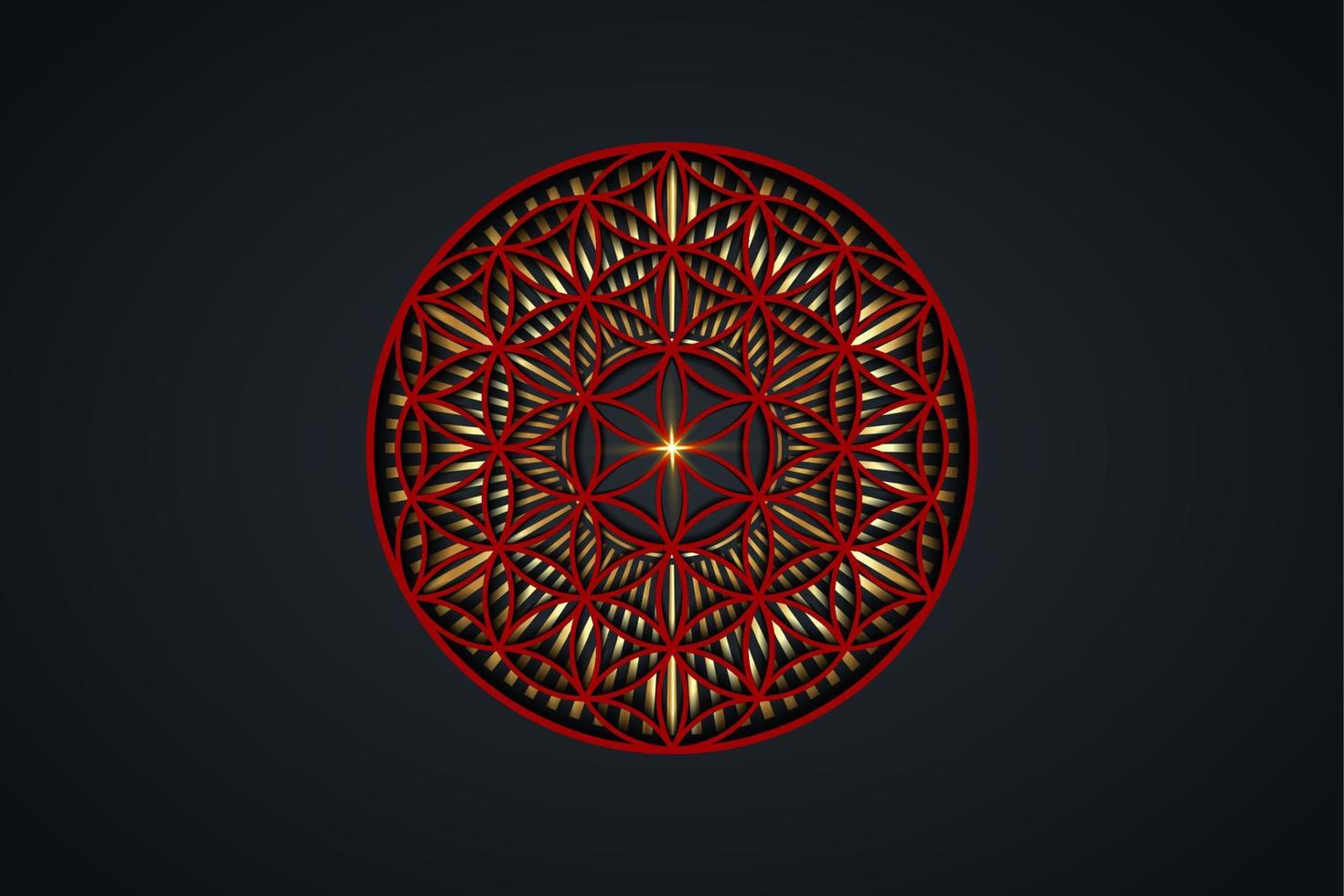 blomma av liv, guld andlig mandala, helig geometri. ljus gyllene strålnings strålar symbol av harmoni och balans. mystisk talisman, röd lyx runda vektor isolerat på svart bakgrund