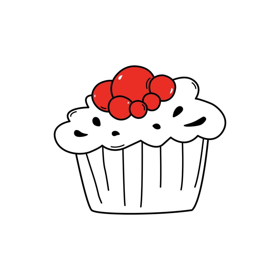 Hand gezeichnet süß Kuchen mit rot Beeren Gekritzel Stil, Vektor Illustration isoliert auf Weiß Hintergrund. lecker Dessert zum Urlaub, schwarz Umriss, dekorativ Design Element