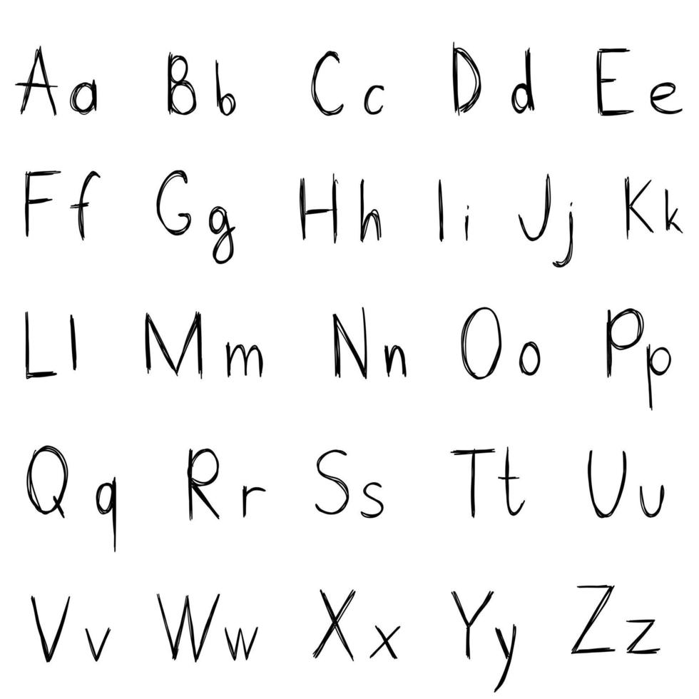 Hand gezeichnet Vektor Englisch Alphabet. modern Unterschrift Schriftart mit Oberer, höher und niedriger Fall Briefe geschrieben mit Tinte Stift. Kalligraphie, Beschriftung isoliert auf Weiß Hintergrund.