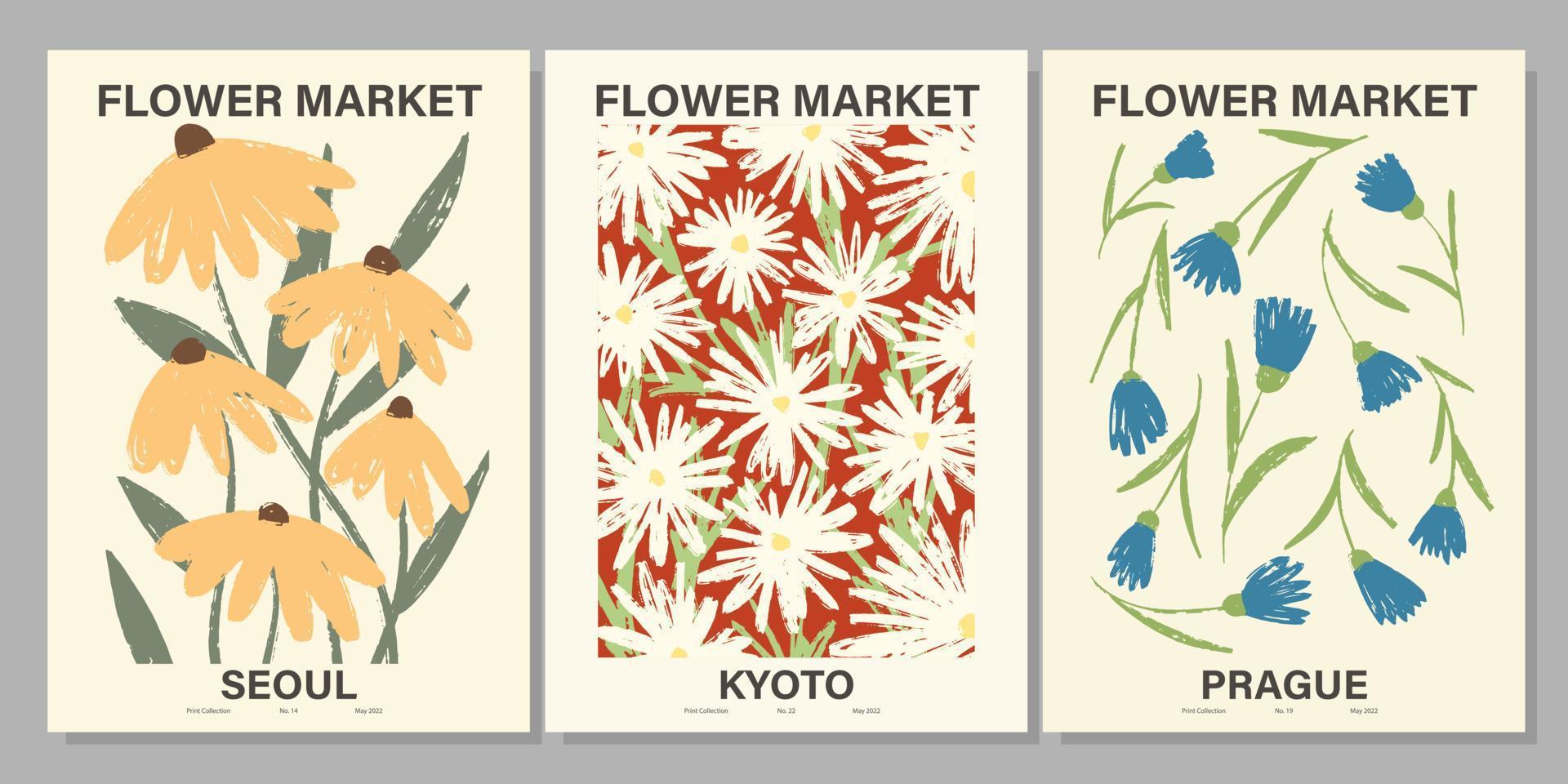 blomma marknadsföra affisch uppsättning. abstrakt blommig illustration. botanisk vägg konst samling, årgång affisch estetisk. vektor illustration