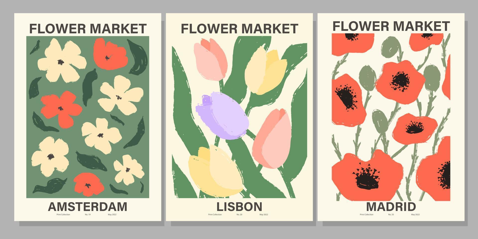 blomma marknadsföra affisch uppsättning. abstrakt blommig illustration. botanisk vägg konst samling, årgång affisch estetisk. vektor illustration