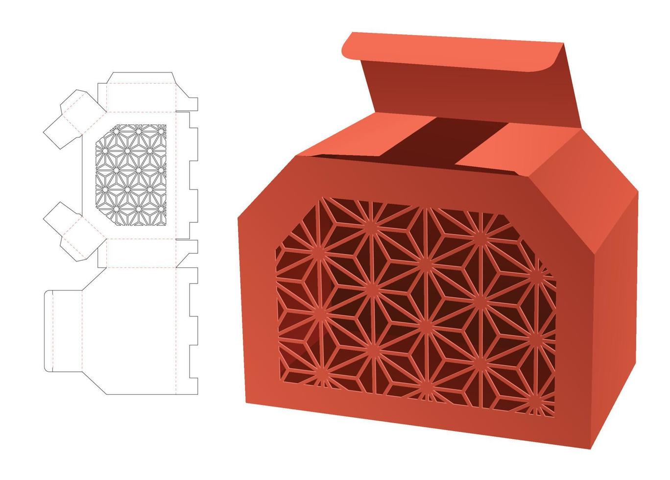 kartong avskuren låda med stenciled fönster dö skära mall design och 3d attrapp vektor