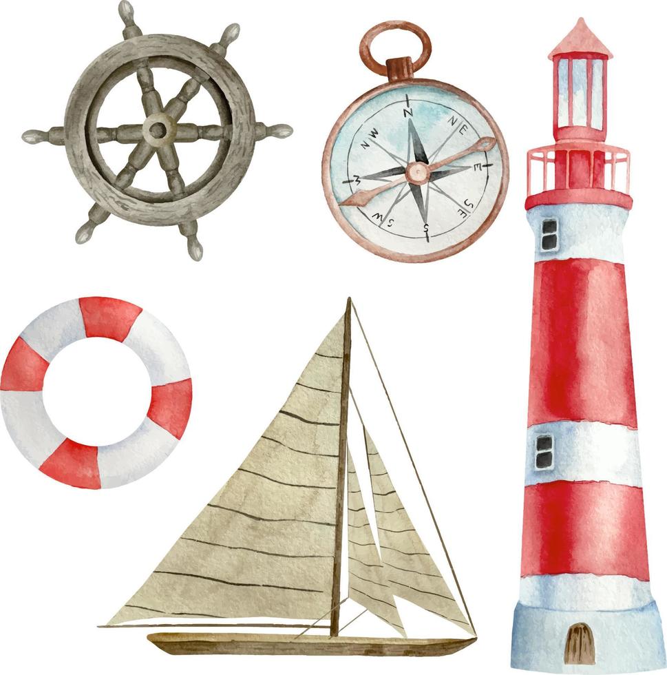 Aquarell nautisch Elemente einstellen hölzern Lenkung Rad, rot und Weiß Leuchtturm, rot Boje, Kompass. vektor