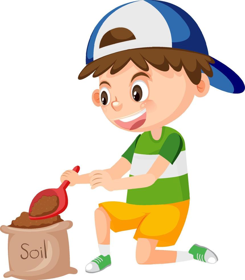 ein Junge halten Schaufel und Eintauchen im Boden Tasche vektor
