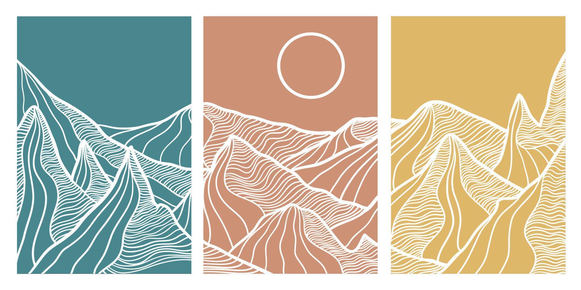 Vektor Linie Kunst von Berge. Farbe Hintergrund. Vektor Illustration von minimal Drahtmodell eintönig Linie Hintergrund.