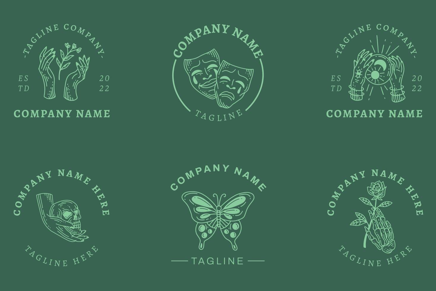 minimalistisk logotyp symbol mallar mystisk samling element mörk grön pastell. vektor
