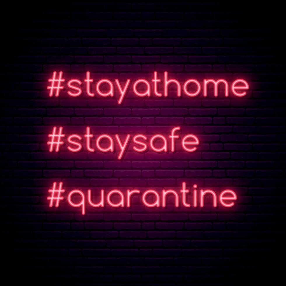 stanna hemma, vara säker, sätta karantän neon hashtag offert vektor